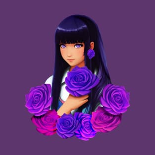 Anime Girl with Purple Eyes and Roses T-Shirt