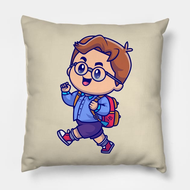 Cute Boy Going To School Cartoon Pillow by Catalyst Labs