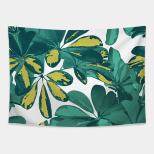 Exotic tropical Schefflera leaves textural print. Dark jungle summer topics. Rain forest foliage. Tapestry