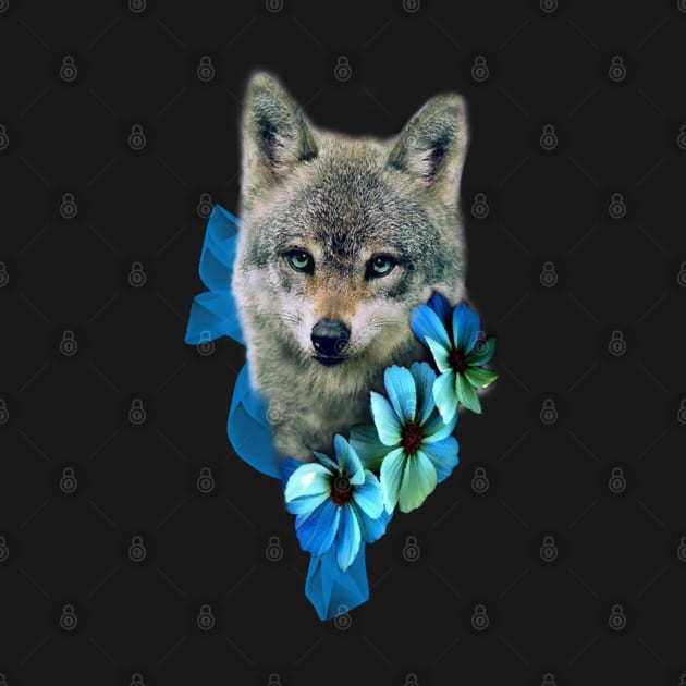 Cute Baby Wolf with blue Flowers by Print Art Station