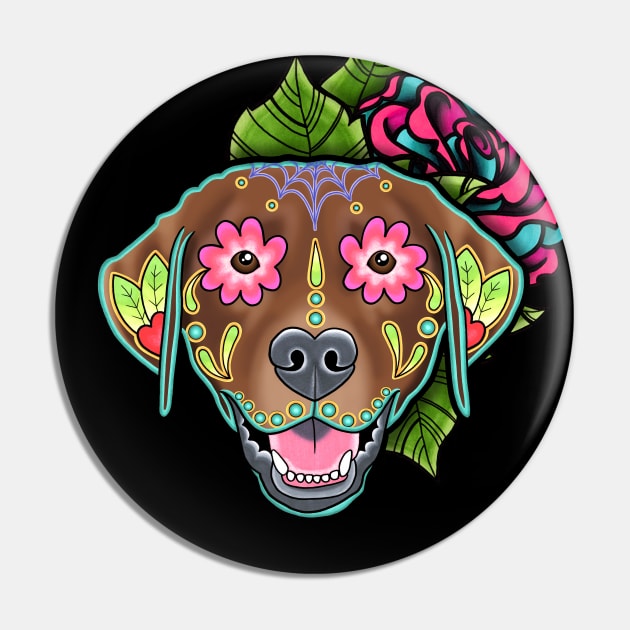 Labrador Retriever in Chocolate - Day of the Dead Sugar Skull Dog Pin by prettyinink