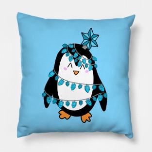 Cute Jewish Hanukkah Chrismukkah Christmas Tree Wrapped Penguin Cartoon, made by EndlessEmporium Pillow