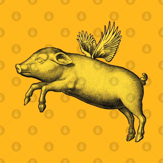 Trendy Flying Pig Yellow Vintage Engraving Farm Animal Wings by ZAZIZU