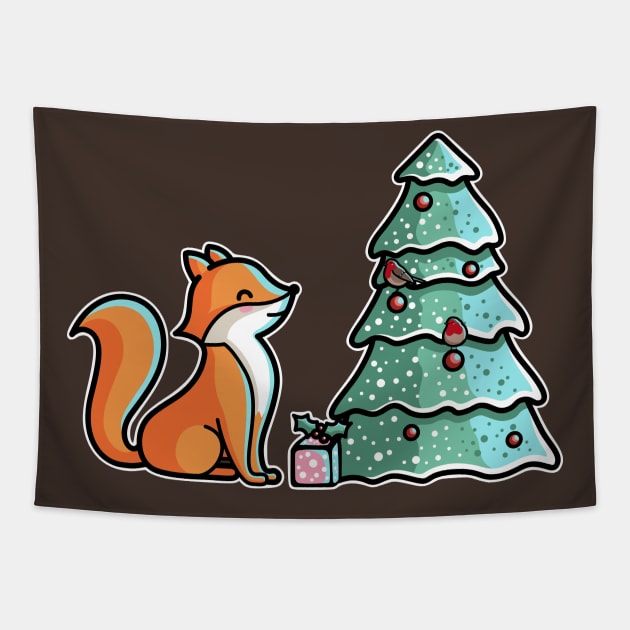 Cute Fox And Christmas Tree Tapestry by freeves