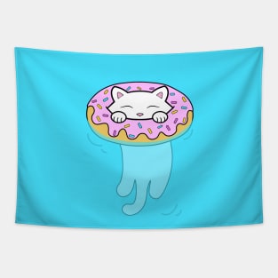 Cute white kitten swimming in a pool with water donut Tapestry