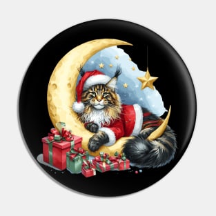 Maine Coon Cat On The Moon Christmas Pin