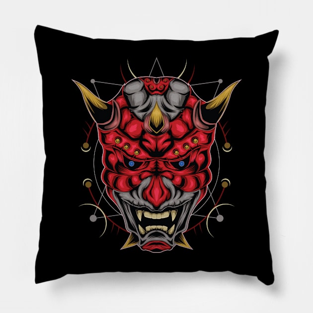 Red devil face illustration Pillow by AGORA studio