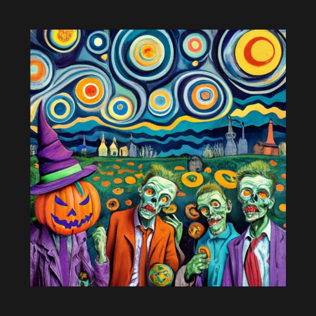 Halloween Zombies Starry Night Van Gogh Style - Spooky A.I. Art by Soulphur Media