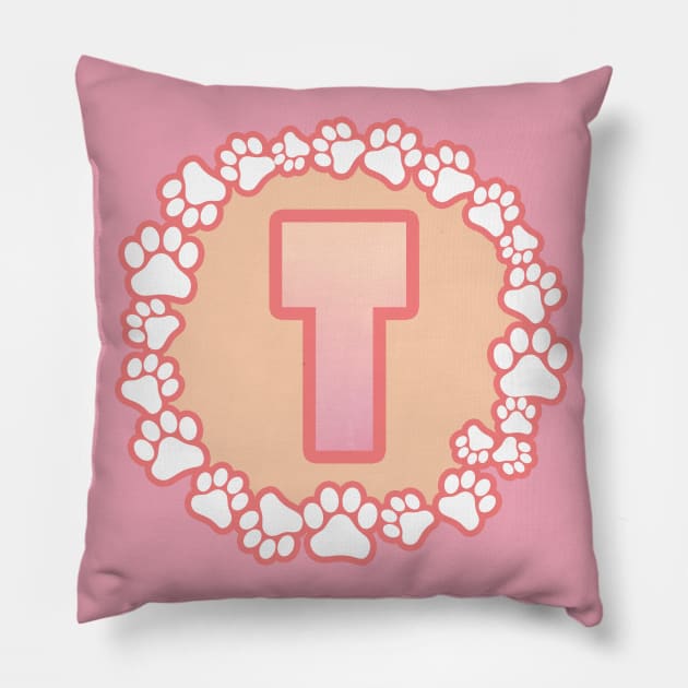 Cute pink initial letter T with dog paws Pillow by LiquidLine