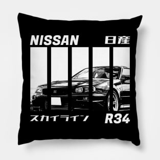 NISSAN SKYLINE GT-R R34 Black 'N White 3 (Black Version) Pillow
