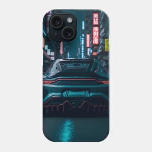 Dark Teal Sports Car in Japanese Neon City Phone Case