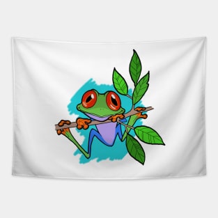 Tree Frog On Branch With Aqua Background Original Art Tapestry