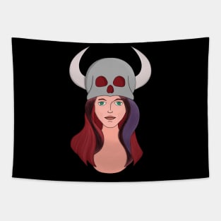 Woman Wearing a Skull With Horns Tapestry