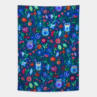 Little Owls and Flowers on deep teal blue Tapestry