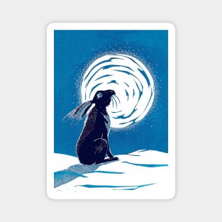 Moon Gazing Hare in Winter Linocut in Blues Magnet