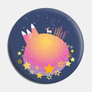 "Home Planet" in teal, pink, and yellow with a ring of yellow stars - a whimsical world Pin