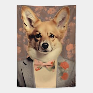 Corgi Dog Portrait in Suit Vintage Art Tapestry