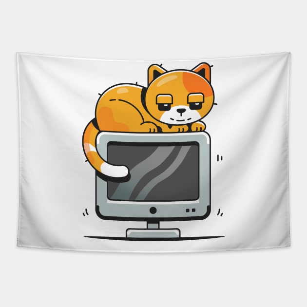 Cute Cat On Computer Cartoon Vector Icon Illustration Tapestry by Catalyst Labs