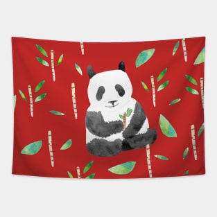 Watercolor Pandas and sugar cane on deep forest green Tapestry