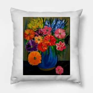 Some abstract vibrant colorful flowers in a glass vase with gold accent on base and top of vase Pillow