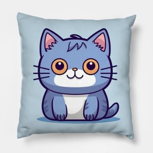 Kawaii Chibi Blue Kitty - Adorable Face, Cute Cat Art Pillow