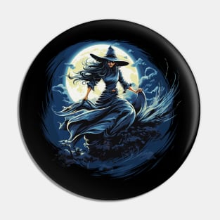 Blue Witch on a Dark Halloween Night Pin