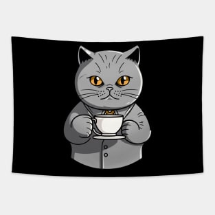 British Shorthair Cat Drinking Coffee Tapestry