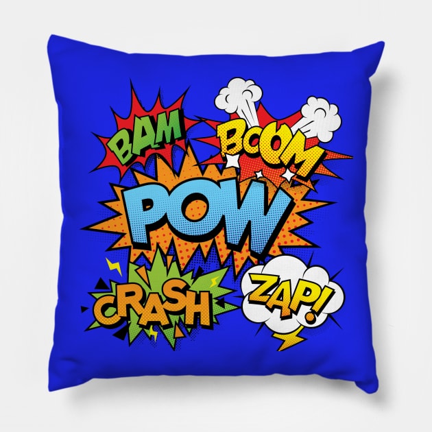 Comic Book Pow Crash Zap Bam Boom Pillow by blueavocado