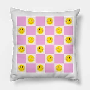 Smiley Pastel Checkered Pattern in Pink Pillow