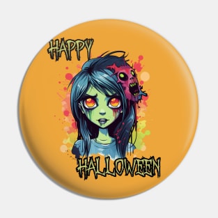 Spooky Zombie Girl Happy Halloween Pin