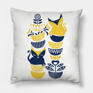 Swedish folk cats // navy blue and yellow kitties Pillow