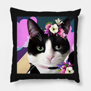 Black and White Cat with a Flower Tiara and Colourful Background. Pillow