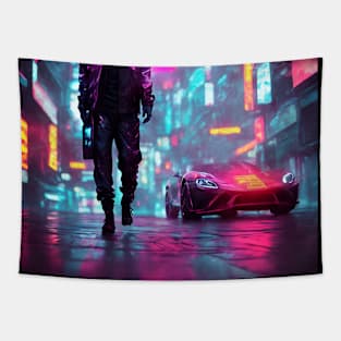 Dark Neon City Sports Car Tapestry