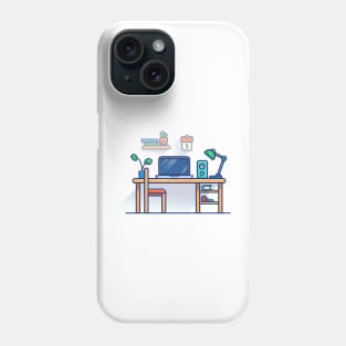 Desk, Laptop, Chair, Book, Lamp, Speaker, Plant, Calendar, And Floating Shelves Cartoon Phone Case