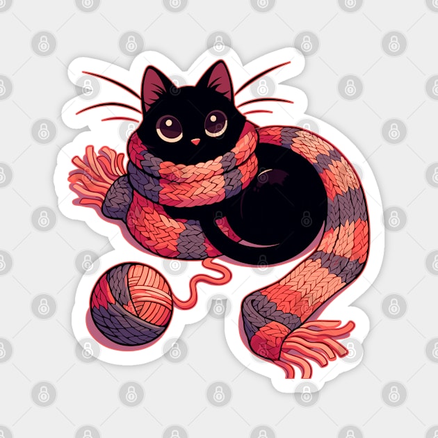 Cat and knitting kawaii cat with yarn ball Magnet by TomFrontierArt