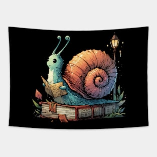 Snail Traveler Reading a Map On Book Tapestry