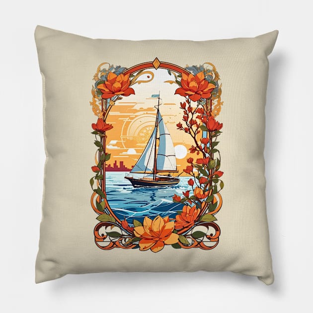 Sailing boat at sunset retro vintage floral design Pillow by Neon City Bazaar