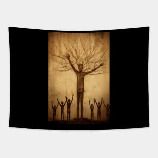 Slender Man and Kids Painting - Mysterious Childhood Encounter Tapestry