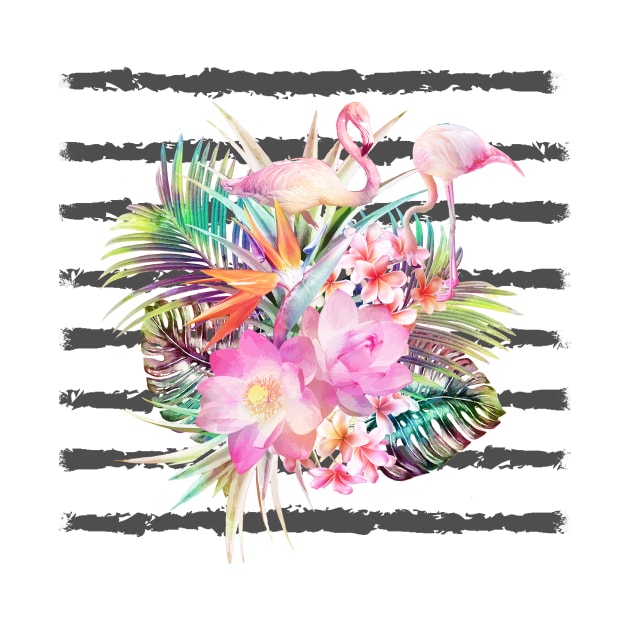 Tropical floral leaves and flamingos stripes by InovArtS