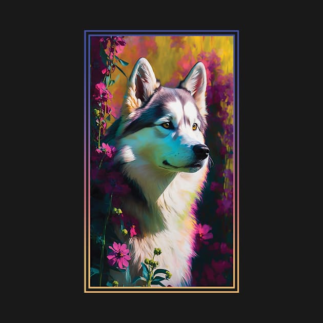 Husky Dog Vibrant Tropical Flower Tall Digital Oil Painting Portrait by ArtHouseFlunky