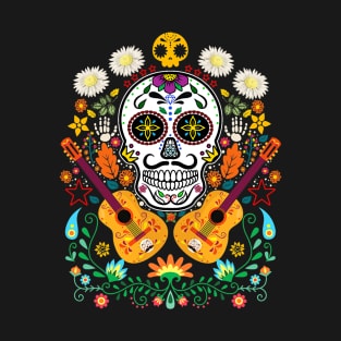 Flower Guitar Skull Day of the Dead T-Shirt