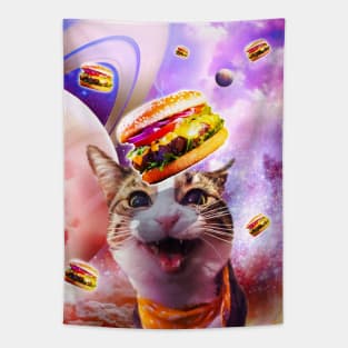 Space Galaxy Cat With Cheeseburger Burger Tapestry