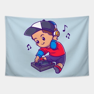 Cute Boy Playing DJ Music Cartoon Tapestry