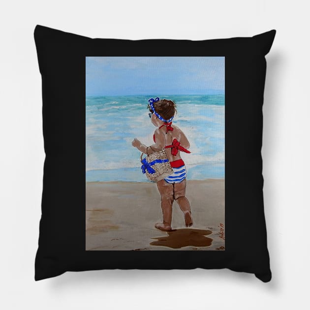 Beach Belle with Sunnies - Little Girl on Beach Pillow by Krusty