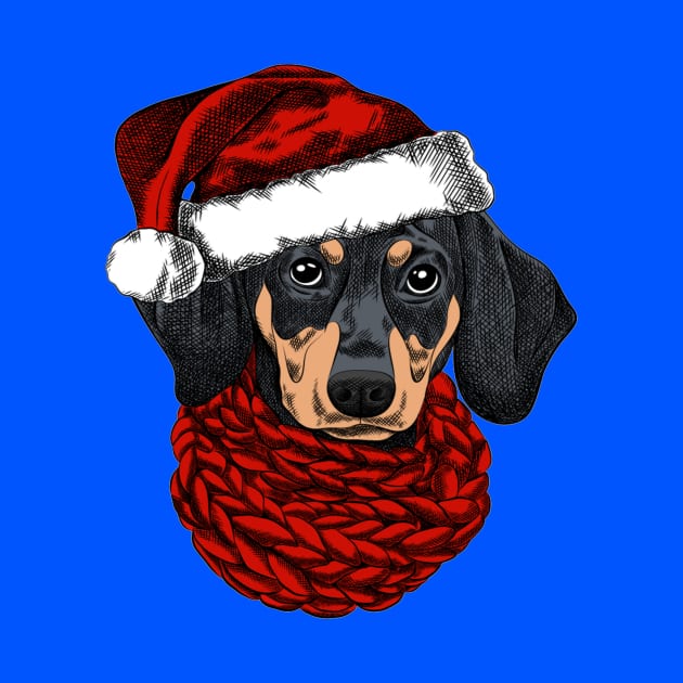 Dachshund dog for a Christmas card. Dachshund with a red knitted warm scarf and a santa hat. Merry Christmas in the year of the dog. New Year's Eve by amramna