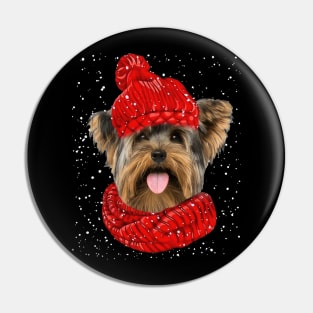 Yorkshire Terrier Wearing Red Hat And Scarf Christmas Pin