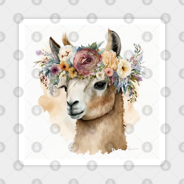 Single llama watercolor close up with flower headband crown Magnet by Danielleroyer