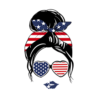 Messy Bun With Bandana And Glasses American Flag T-Shirt