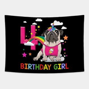 Pug Birthday - 4 Years Old Unicorn Pugicorn Party Tapestry