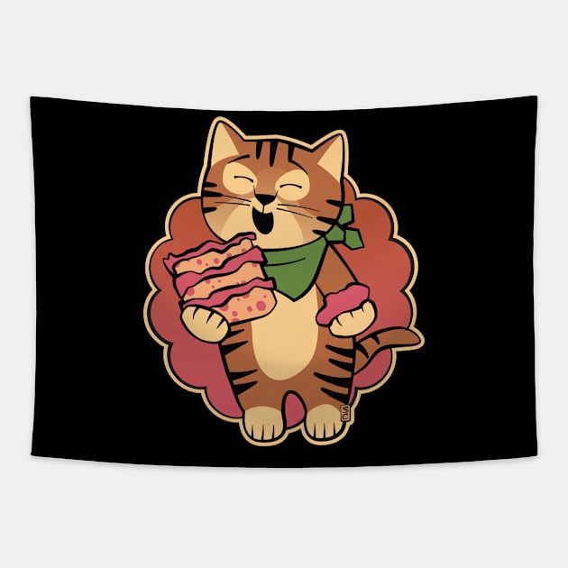 Cat Eating Cake Tapestry by Sue Cervenka